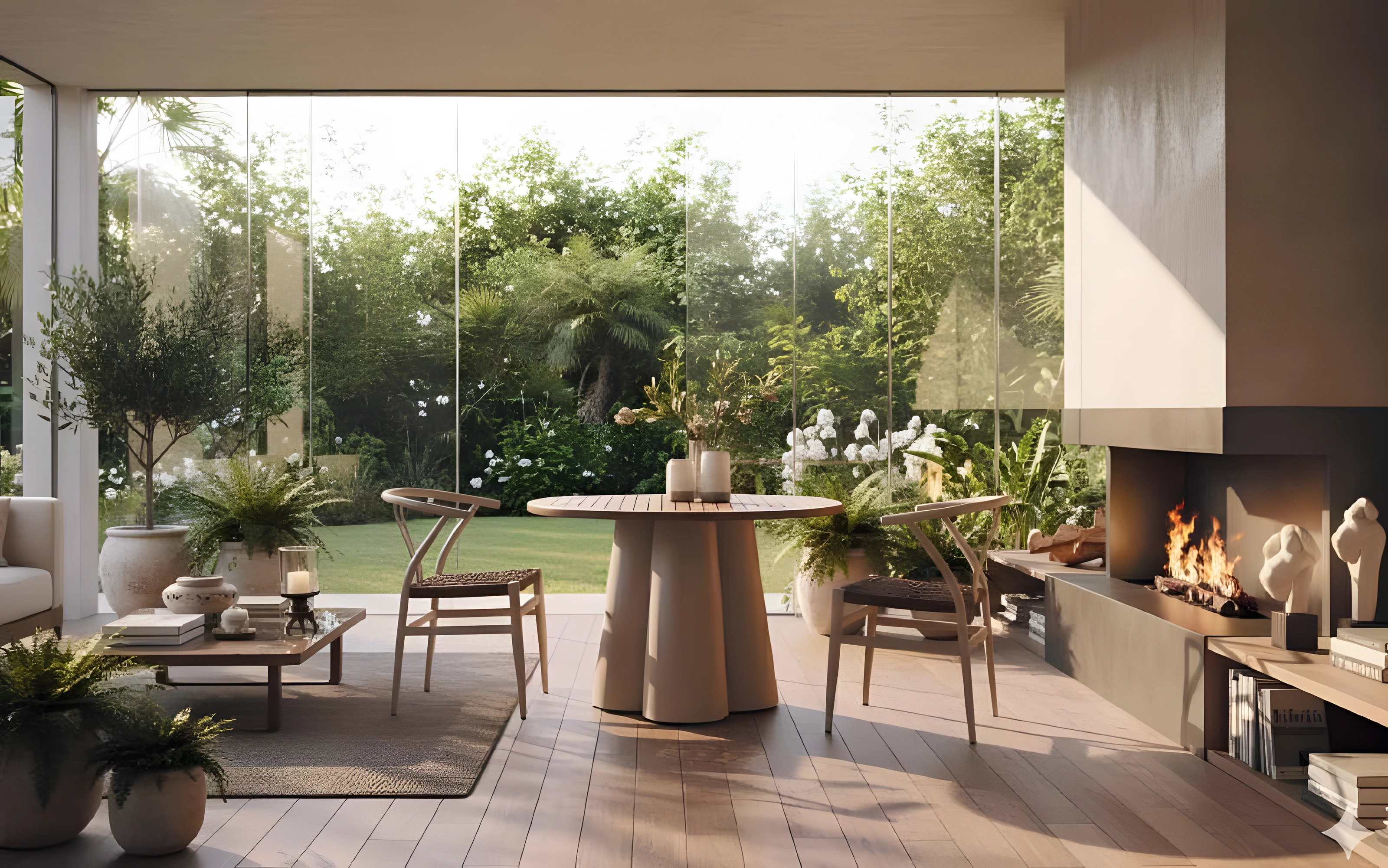 Clover Dining dining set in a green courtyard
